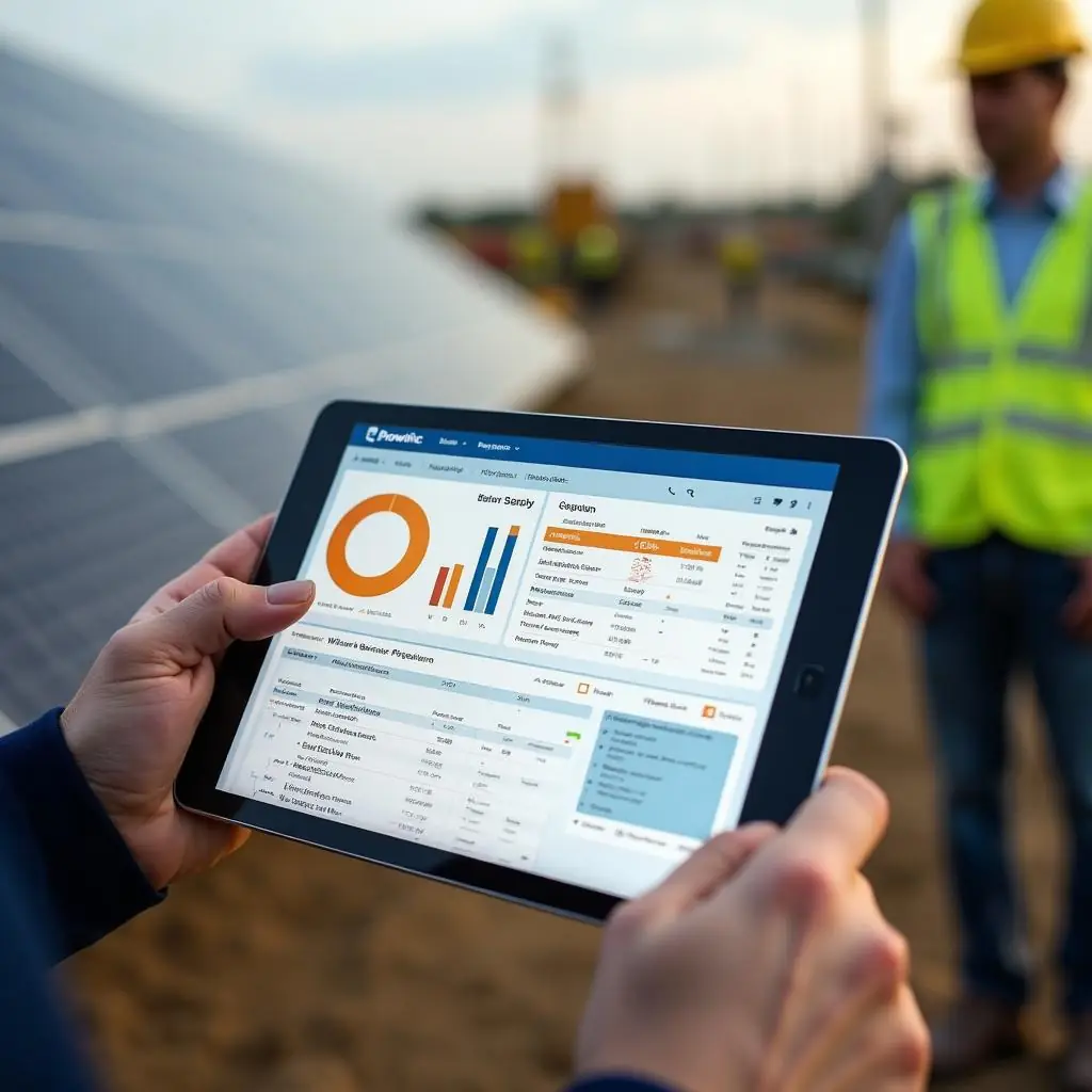 Worker using tablet at solar site