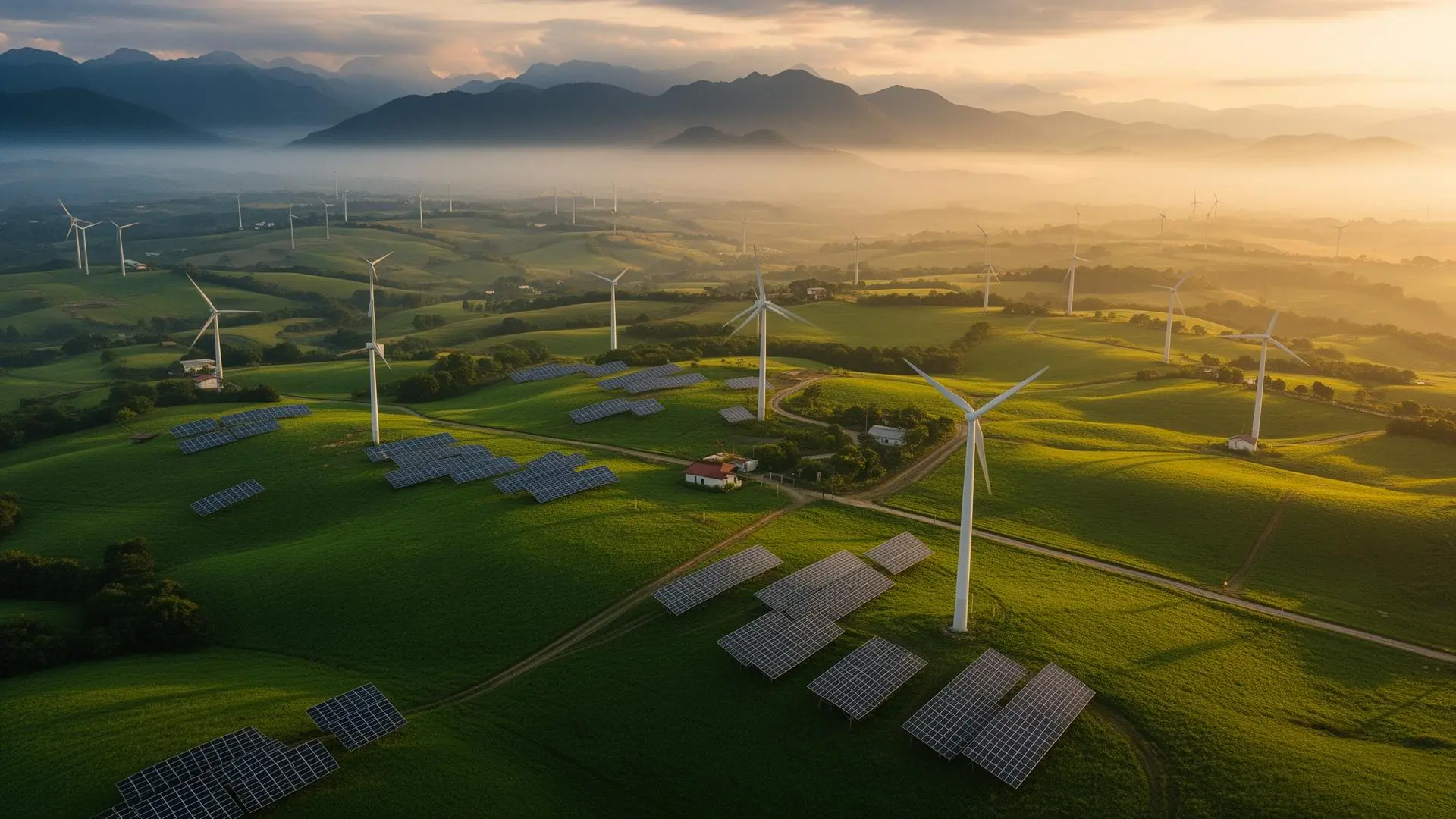 Solar panels and wind turbines across a green landscape